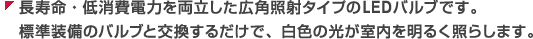 長寿命・低消費電力を両立した広角照射タイプのLEDバルブです。標準装備のバルブと交換するだけで、白色の光が車内を明るく照らします。