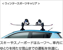 <ウィンタースポーツキャリア> スキーやスノーボードはルーフへ。車内にゆとりを持たせ雪山までの運転を快適に。