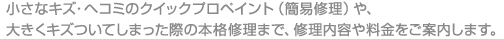 小さなキズ・ヘコミのクイックプロペイント（簡易修理）や、大きくキズついてしまった際の本格修理まで、修理内容や料金をご案内します。