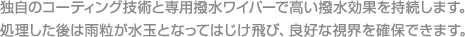 独自のコーティング技術と専用撥水ワイパーで高い撥水効果を持続します。







処理した後は雨粒が水玉となってはじけ飛び、良好な視界を確保できます。