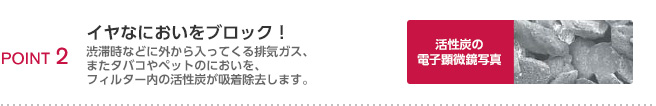 POINT2 イヤなにおいをブロック！渋滞時などに外から入ってくる排気ガス、またタバコやペットのにおいを、フィルター内の活性炭が吸着除去します。