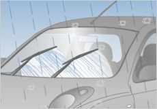 ワイパーの損傷やフロントガラスへの油膜の付着が考えられます。