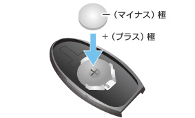 古い電池を取り出し、新しい電池の+極を下側にしてはめ込みます。