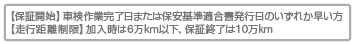 【保証開始】車検作業完了日または保安基準適合書発行日のいずれか早い方【走行距離制限】加入時は6万km以下、保証終了は10万km