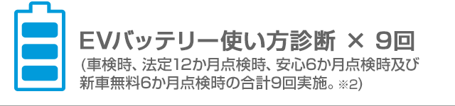 EVバッテリー使い方診断 × 9回(車検時、法定12か月点検時、安心6か月点検時及び新車無料6か月点検時の合計9回実施。※2)
