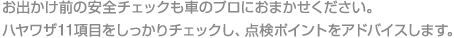 お出かけ前の安全チェックも車のプロにおまかせください。ハヤワザ11項目をしっかりチェックし、点検ポイントをアドバイスします。