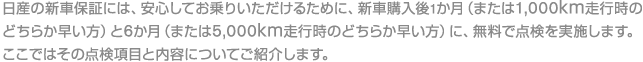 日産の新車保証には、安心してお乗りいただけるために、新車購入後１か月（または、1,000ｋｍ走行時のどちらか早い方）と６か月（または、5,000ｋｍ走行時のどちらか早い方）に、無料で点検を実施します。ここではその点検項目と内容についてご紹介します。